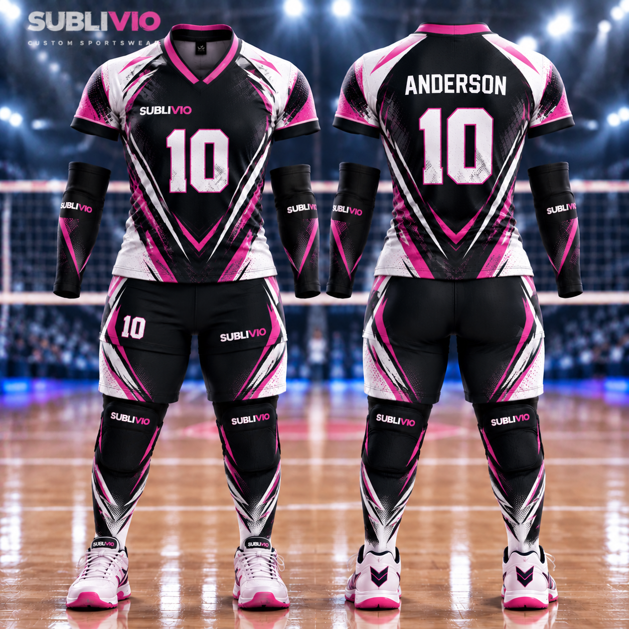 Black and pink volleyball jersey kit, front and back, showing chest logo placement and a name and number on the back